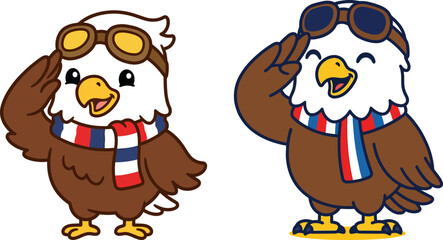 Fototapeta premium cartoon eagles saluting wearing patriotic scarf and goggles for american themed events.