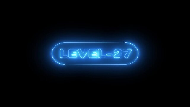 glowing neon Level-27 text inside a horizontal banner on black background. level 27 text icon animation.