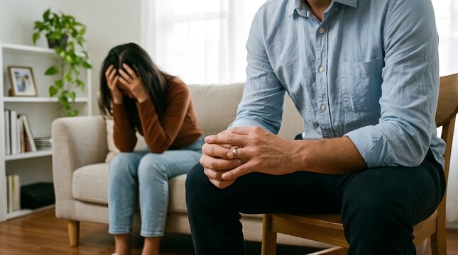 Stressed young couple sitting in living room experiencing difficult relationship problems and intense emotional marital conflict