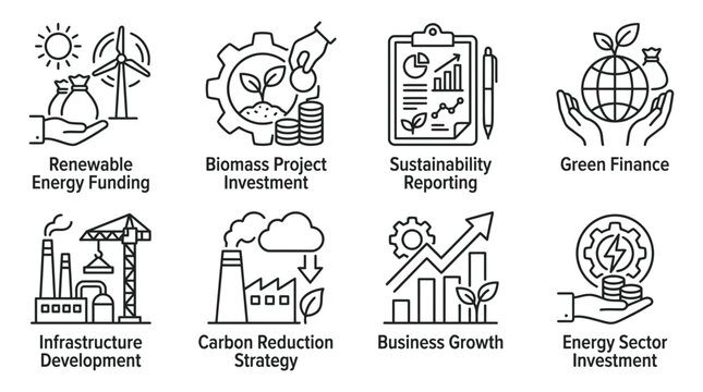 A set of black and white vector line art icons depicting various sustainable business concepts like renewable energy funding biomass investment and corporate carbon reduction strategies