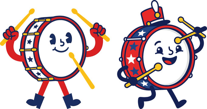 Anthropomorphic drums playing music with drumsticks, festive marching band characters, patriotic holiday parade elements.