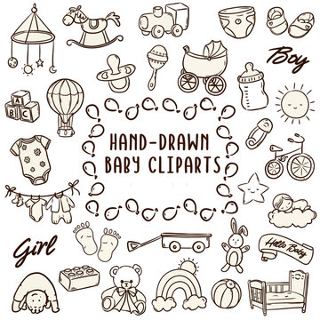 Hand drawn baby clipart doodle icons bulk set