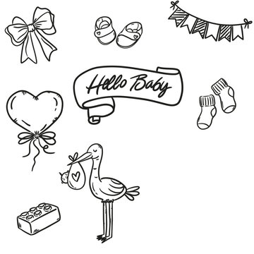 Cute baby shower doodle icons bulk Hello Baby stork