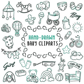 Hand drawn baby clipart icons in bulk doodle style