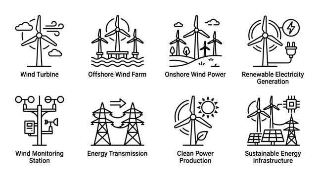 Set of black and white line art vector graphic icons representing wind energy offshore turbines renewable power generation and sustainable electrical infrastructure for modern clean technology