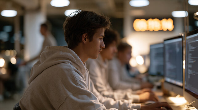 Coding bootcamp students hunch over keyboards in an intensive late-evening session under fluorescent lighting, multiple terminal windows open on monitors, a lead instructor