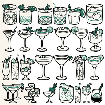 Doodle icons of various cocktails and glasses in bulk