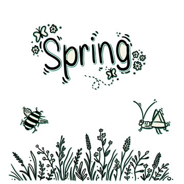 Spring season doodle illustration with insects and flowers bulk icons