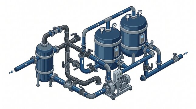 water filtration skid with multi-stage tanks and pump. Blue-gray system with pre-filter, two media filter vessels, pressure gauges, interconnecting piping, valves, sight windows, and centrif