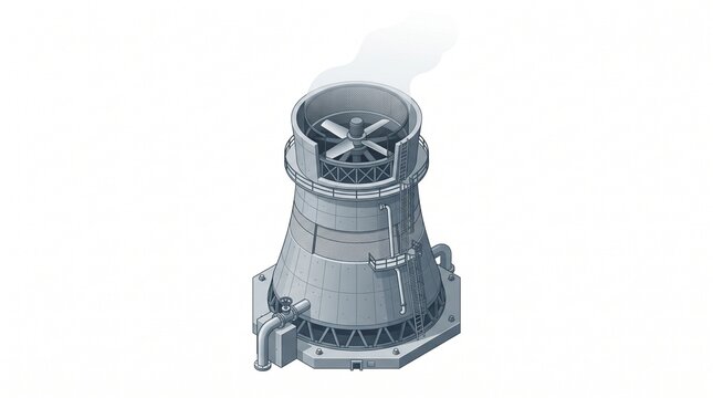 Isometric induced-draft cooling tower with top fan and vapor plume. Gray hyperbolic shell on concrete base with access ladders, railings, inlet/outlet piping, and internal fan stack, technical vector 
