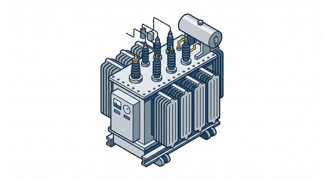 Isometric oil-immersed power transformer with cooling fins and conservator tank. Gray three-phase unit with HV/LV bushings, gauges, control box, and wheeled base, technical vector illustration.