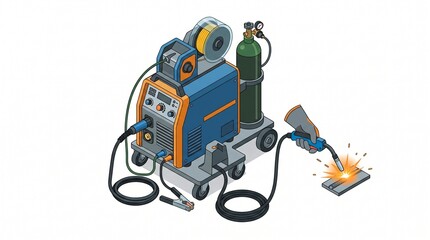 Isometric MIG welding machine on cart with gas cylinder, wire spool, and torch. Blue and orange welder with digital controls, ground clamp, and sparking weld, technical vector illustration. © Ayu