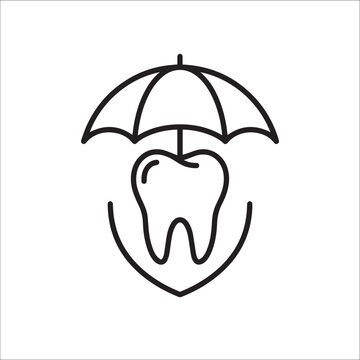 Vector icon of a tooth protected by an umbrella and shield for health insurance concept