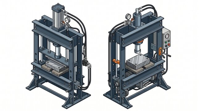 Two isometric hydraulic shop presses with pressure gauges and metal blocks. Navy blue H-frame machines with hoses, cylinders, and control panels, detailed technical vector illustration.