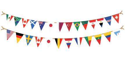 Obraz premium many natinal flags hanging on rope festive design decoration isolated on transparent png