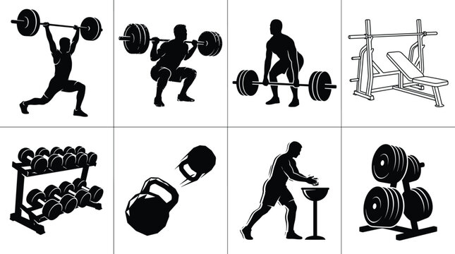 Weightlifting and bodybuilding vector silhouette icon set featuring lifters barbell squat bench press dumbbells and gym equipment