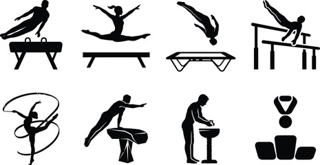 Professional gymnastics and athletic sports vector icon set featuring pommel horse balance beam parallel bars and rhythmic ribbon silhouettes © jamal