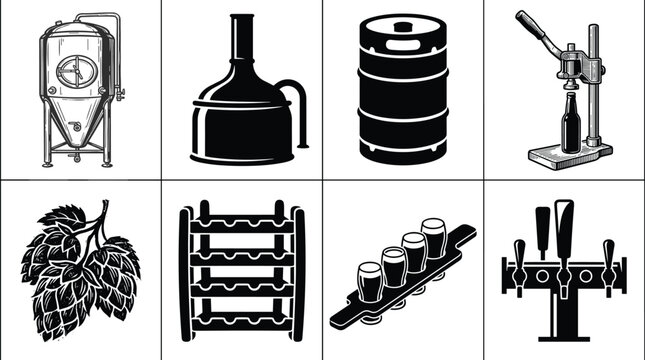 Craft beer brewing and brewery industry vector icon set featuring fermentation tank hops keg tap flight and capper