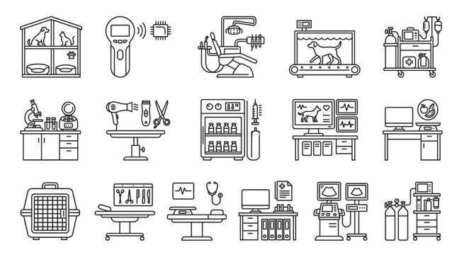 Veterinary Clinic Icons: A collection of minimalist outline icons representing various aspects of a veterinary clinic, including examination rooms, diagnostic equipment, animal care facilities.