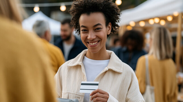 credit payment card mockup displayed in close up of multicultural group crowdfunding at community market event, summer outdoor setting, portable card reader visible, World