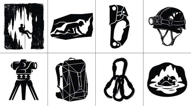 Caving and speleology icon set featuring underground explorer climbing helmet ascender total station carabiners and cave diver