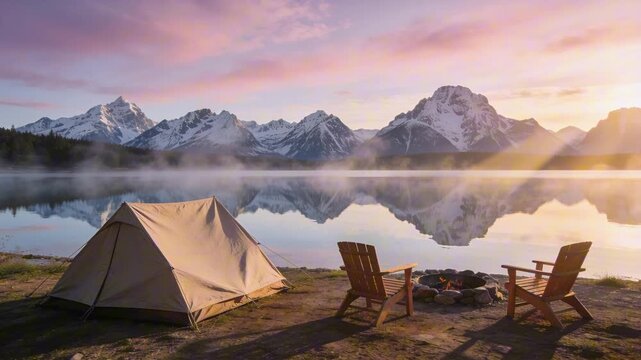 campsite at sunrise with single unoccupied canvas tent beside crystal clear lake and empty chairs perfect for Camping and Outdoor Adventure