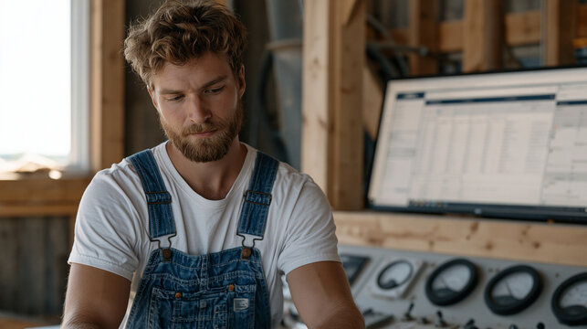 Scrollable analytics dashboard UI filling a wall-mounted monitor inside a grain elevator control room, a farmhand in overalls reviewing harvest yield data, late-summer dust