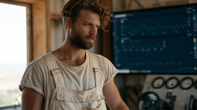 Scrollable analytics dashboard UI filling a wall-mounted monitor inside a grain elevator control room, a farmhand in overalls reviewing harvest yield data, late-summer dust