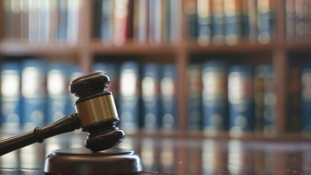 A wooden gavel sits poised on its sound block, the background blurring into rows of books, evoking a sense of law, justice, and history. The scene is lit to emphasize the textures of the wood.