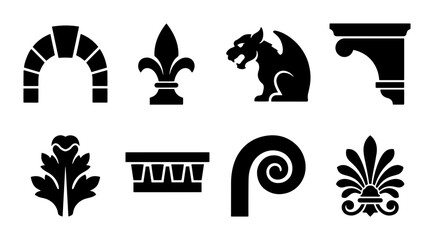 Gothic architectural elements set, 8 vintage stone carving icons, medieval gargoyle and fleur de lis vector silhouettes © Mitubg