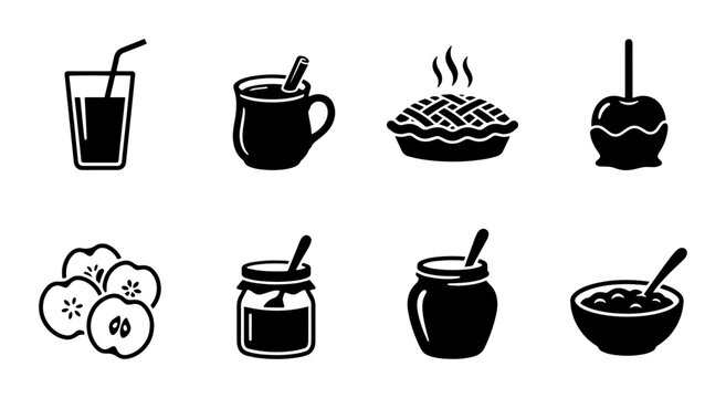 Autumn apple food icons, set of 8 black vector symbols, harvest cider and pie illustrations