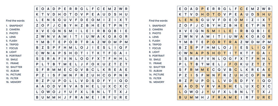 Word seek puzzle photograph featuring words highlighted in grid  