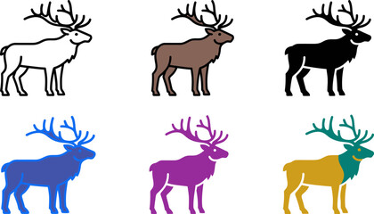 Collection of colorful reindeer icons in different solid colors and styles side view © Khatunay JANNATARA