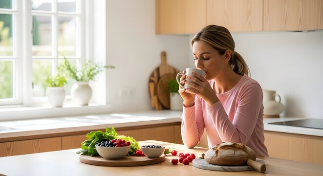 Blonde woman enjoys a hot cup of coffee while sitting in her bright modern kitchen