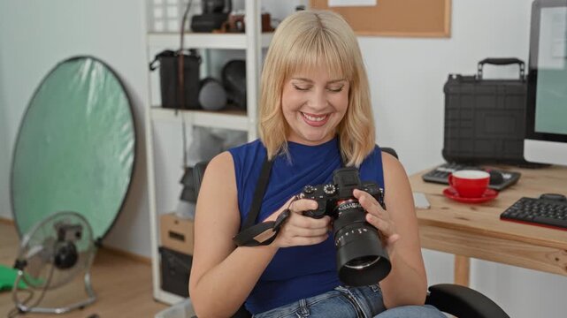 Woman holding camera and adjusting lens while smiling at the camera screen in a studio workspace with reflector and monitor; joy creativity.