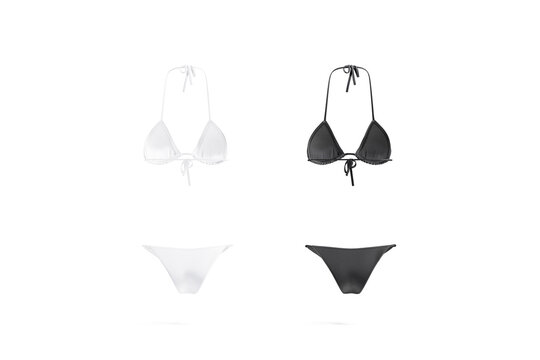 Blank black and white woman bikini mockup, back view, 3d rendering. Empty spandex camisole and underpants for summer vacation mock up cut out. Clear female skirtini underwear template.