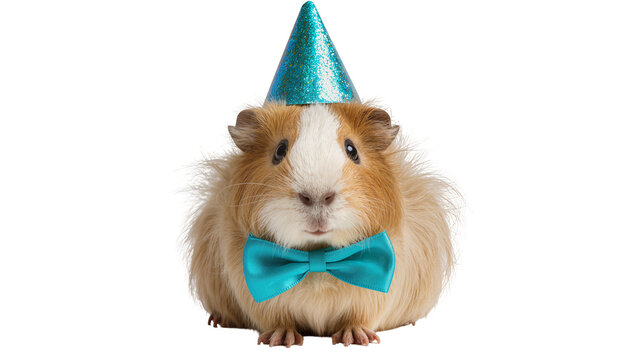 Guinea pig wearing a blue party hat and bow tie