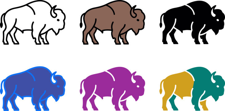 Colorful bison icons in different colors and styles side view  various bison illustrations
