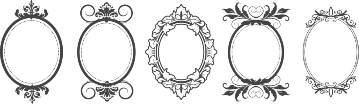 Set of Vintage Ornamental Oval Frames Vector Collection Isolated on Transparent Background, Decorative Baroque Border Illustration for Invitations, Certificates and Luxury Design
