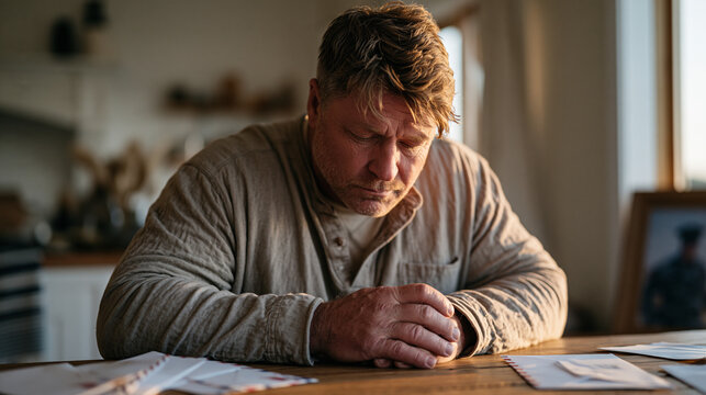 Middle-aged male veteran sits alone at a kitchen table at dusk, head bowed and hands folded, an expression of quiet moral weight crossing his face as unopened mail and a framed
