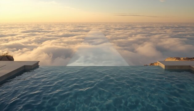 Infinity pool edge overlooking a vast sea of clouds at sunset with luxurious landscape relaxation swimming vacation tranquil architecture peaceful elevated altitude vacationing lifestyle