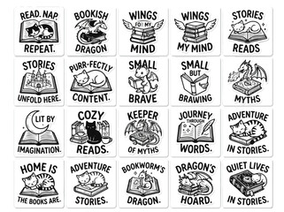 Book Lover Icons with Cats and Dragons for Reading Themes © Clovernand