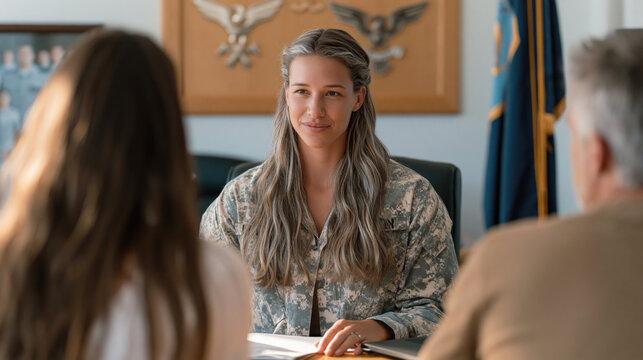 Military recruitment officer speaks with a high school graduate and parents in a formal office, with branch insignia and service portraits behind the desk.