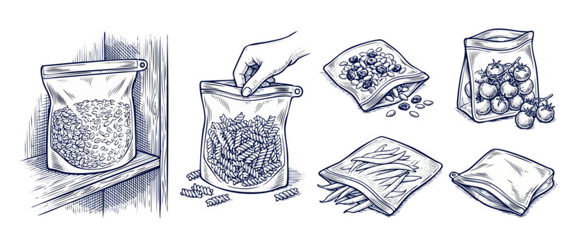 Reusable silicone food storage bags set in hand drawn sketch style for zero waste kitchen organization and meal prep showing grains, pasta, tomatoes, green beans, and seeds in plastic free pouches.