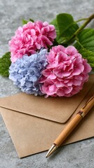 Fototapeta premium Pink hydrangea flowers with envelope and pen on table, romantic stationery concept, elegant invitation and correspondence design.