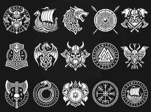 Norse Viking Symbols and Icons Collection Viking Warrior Dragon Wolf Ship