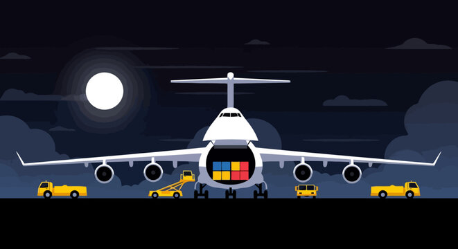 Large cargo plane being loaded with humanitarian aid at night.