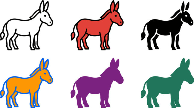 Colorful donkey silhouettes in different colors and styles side view  animals