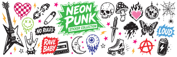 A collection of neon punk style stickers featuring musical instruments, gothic symbols, retro items, and edgy graphics isolated on white background. © Zbrake Studio