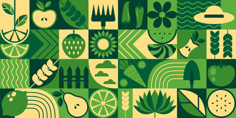 Fototapeta premium Farm food geometric pattern background with green fruit and vegetable icons - abstract agriculture design. Organic leaf elements and plant illustrations for fresh eco friendly healthy lifestyle.